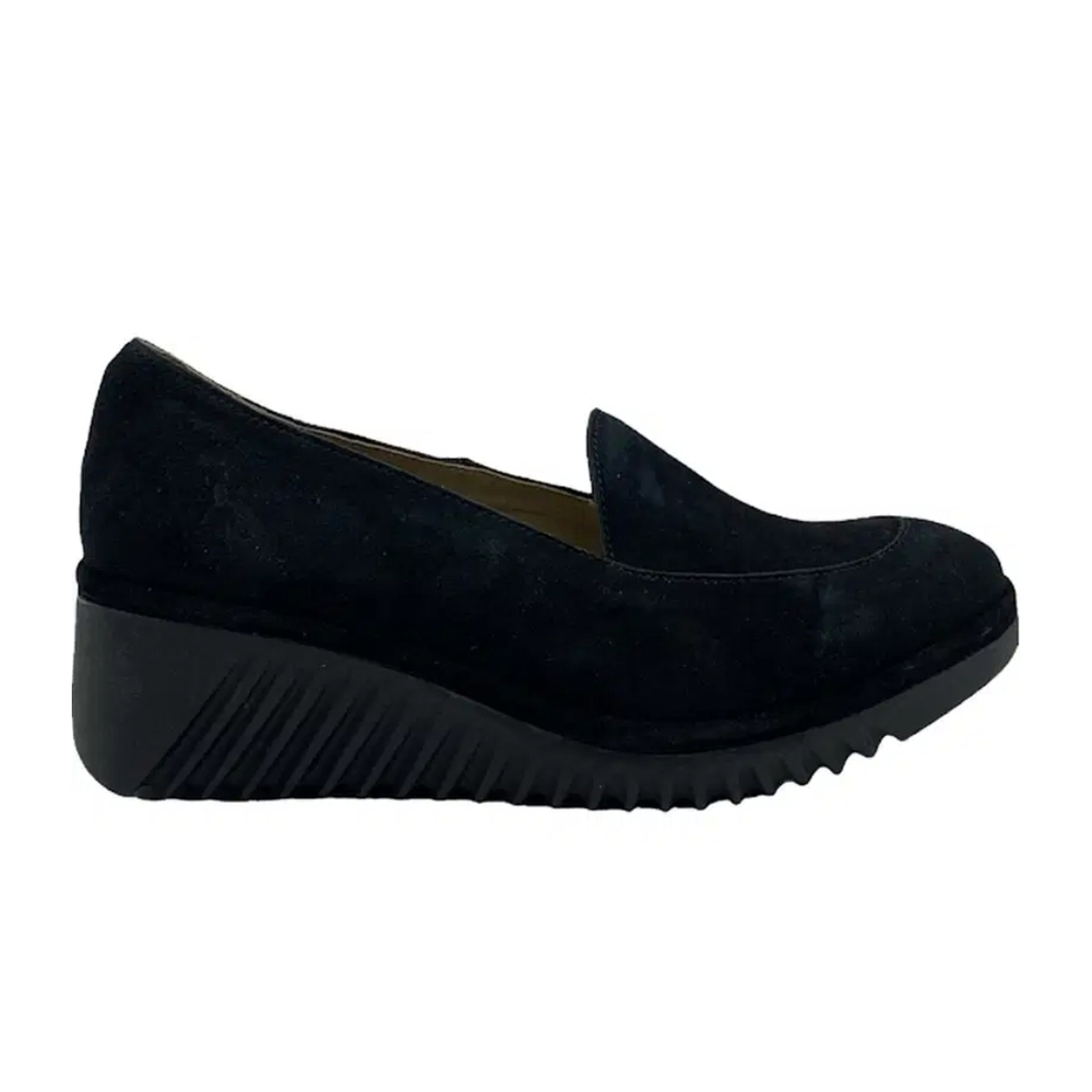 FLY London Leather Slip-Ons Luan Black Suede Wedge Loafers EU Size 40